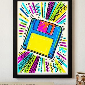 Retro Floppy Disk Art Print | 90s Computer Wall Decor | Memphis Style Tech Poster | Colorful Vintage Digital Design