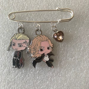 T R Inspired Mikey and Draken Safety Pin Brooch FREE DOMESTIC SHIPPING