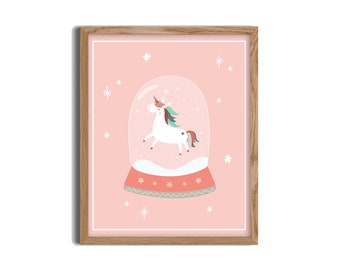 Printable Pink Christmas Wall Art - Christmas Sign, Printable Art, Kids Room, Pink Unicorn Snowglobe, Christmas Printable, Kids Room Art