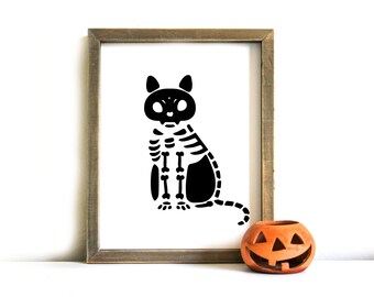 Halloween Printable Sign - Halloween Wall Art, Printable Art, Halloween, Skeleton Cat, Halloween Decor, Halloween Printable Art, Skeleton