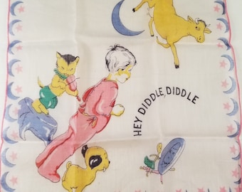Vintage Child's Nursery Rhyme Hanky Handkerchief Hey Diddle Diddle 1940s