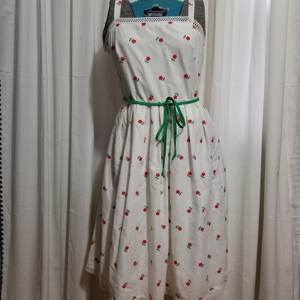 SALE! Adorable Vintage Lanz Originals  White Sundress Summer Dress with Embroidered Flowers 1960s 1970s Preppy Hipster