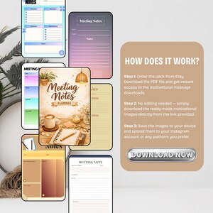 Könnte beinhalten: Eine Sammlung digitaler Meeting-Notizplaner in verschiedenen Designs. Das Bild enthält einen zentralen Planer mit einer Kaffeetasse und dem Text "Meeting Notes Planner". Eine Anleitung zum Herunterladen der Planer ist ebenfalls enthalten.