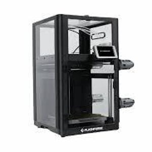 May include: A black Flashforge 3D printer with a transparent enclosure, a rectangular frame, and a small digital touchscreen display mounted on the front. The device features two cylindrical side attachments and a clear front door panel.