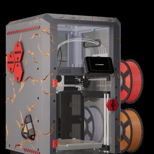 May include: A gray and black 3D printer with orange and red accents. The printer has a clear front panel, a small screen, and two spools of filament. The text "AD5X" and "FLASHFORGE" are visible.