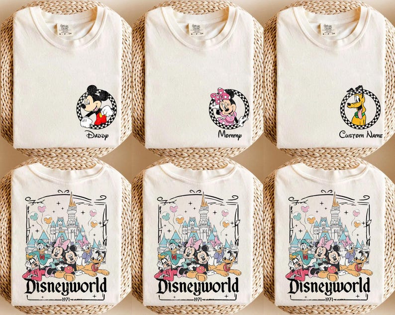 May include: Off-white t-shirts with Disney character graphics. Designs include Mickey Mouse with "Daddy", Minnie Mouse with "Mommy", and Pluto with "Custom Name". Other shirts feature a "Disneyworld" graphic with various characters.
