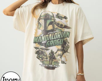 Vintage Star Wars The Mandalorian und Grogu Poster T-Shirt, 90s Style Bounty Hunter Tee