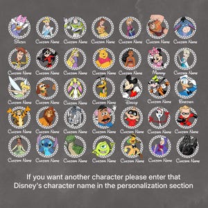 May include: A collection of Disney character portraits in circular frames with a checkered background. Each frame includes a character image and the text "Custom Name". The text "If you want another character please enter that Disney's character name in the personalization section" is also present.