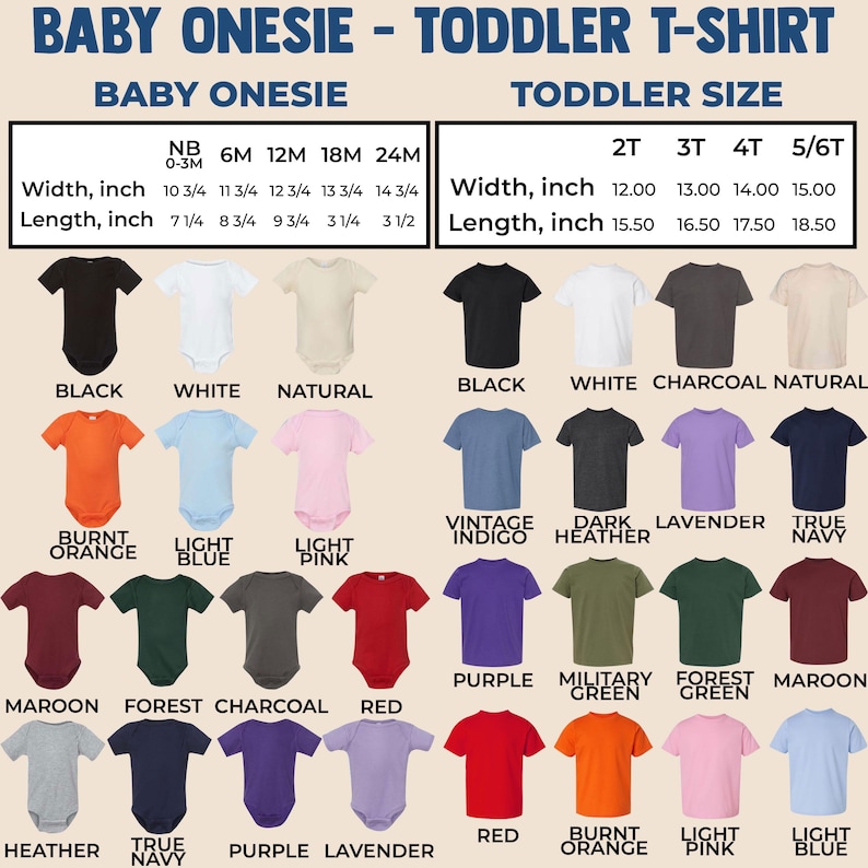 Pu&ograve; includere: Una tabella delle taglie per body da bambino e t-shirt per bambini piccoli, che mostra le misure in pollici. La tabella presenta una gamma di colori, tra cui nero, bianco e tonalit&agrave; di blu, rosa e verde. Il testo recita 'Baby Onesie - Toddler T-Shirt'.