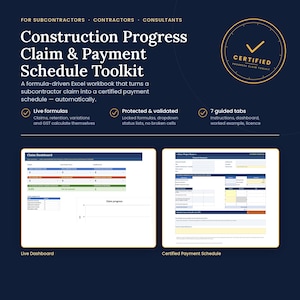 Op de afbeelding: Een digitaal Excel-werkboek Construction Progress Claim & Payment Schedule Toolkit. De donkerblauwe afbeelding toont functies zoals live formules, zeven begeleide tabbladen en een gecertificeerd zegel. Het toont een dashboard en een betalingsschema.