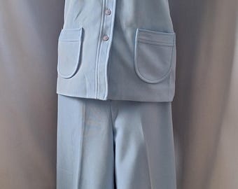 Vintage 1970s Baby Blue Pykettes 2pc. Collared Shirt and Wide-leg Pantsuit