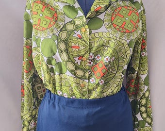 Vintage 70s Pykettes Long Sleeve Blouse - Groovy Green Geometric Floral Medallion Print