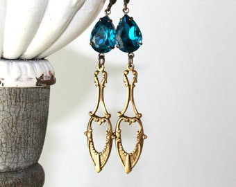 Art Deco Teardrop Earrings, Bermuda Blue Swarovski Earrings, Blue Teardrop, Vintage Style Jewelery