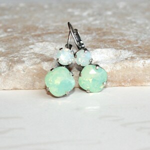 Rhinestone earrings, Cushion Cut Swarovski earrings, Chrysolite Opal Earrings, Swarovski Crystal