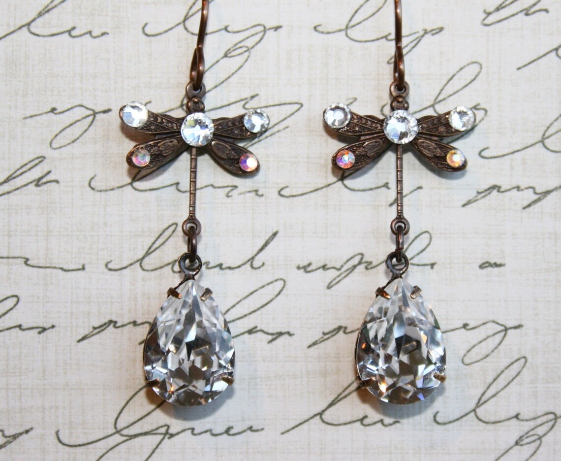 Dragonfly Crystal Earrings, Teardrop Swarovski Earrings, Swarovski ...
