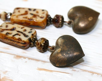 Boho Brass Heart Earrings, Boho earrings, Beige and Brown earrings, Rustic jewelry