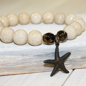 Starfish Bracelet, Cream Stretch Bracelet, Riverstone beads, 10mm, Cream stone bracelet, Cream stacking bracelet, Gemstone Bracelet