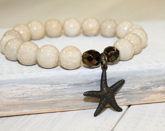 Bracelet Starfish, Bracelet Cream Stretch, Perles Riverstone, 10mm, Bracelet en pierre crème, Bracelet empilage crème, Bracelet Gemstone