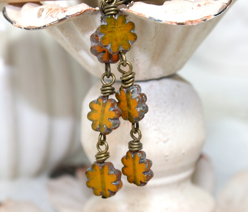 Flower earrings Boho earrings Marigold earrings yellow dangle earrings