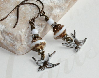 Bird earrings, White earrings, Vintaj earrings, Rustic jewelry