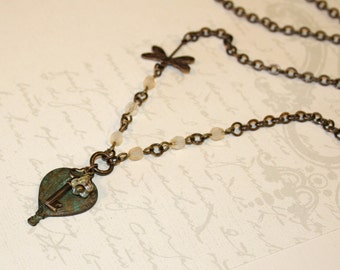 Hot air balloon necklace, Verdigris patina pendant necklace, Vintaj dragonfly