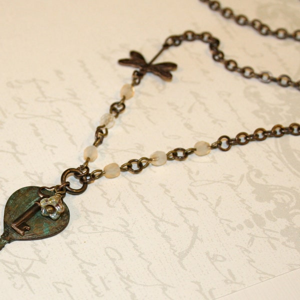 Hot air balloon necklace, Verdigris patina pendant necklace, Vintaj dragonfly