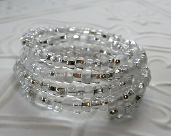 Wedding bracelet, Frosty White Czech Glass Memory Wire Cuff Bracelet, White bracelet