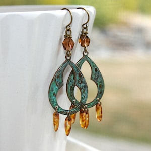 Bohemian Teardrop earrings, Green Patina jewelry, Rustic verdigris patina, Dangling earrings