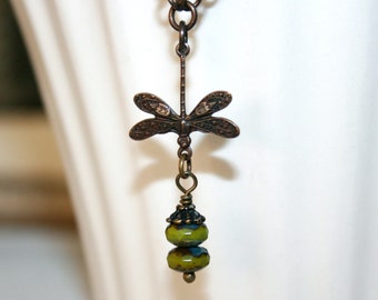 Dragonfly necklace, Gift for nature lover, green czech glass, vintaj brass, Insect Jewelry