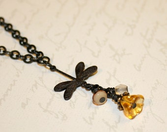 Woodland necklace, dragonfly necklace, yellow czech glass, vintaj brass