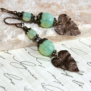 Leaf earrings, Mint Opal glass earrings, green earrings, Vintaj brass jewelry