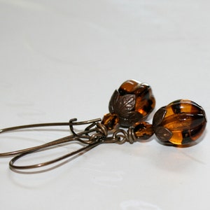 May include: A pair of brown glass earrings with a leaf design and bronze wire hooks.
