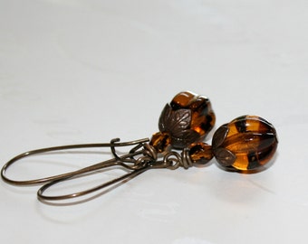 Pumpkin Earrings, Tortoise Shell earrings, czech glass melon beads, Halloween Jewelry, Fall accessory
