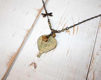 Hot air balloon necklace, Cream patina necklace, Vintaj dragonfly, Patina jewelry