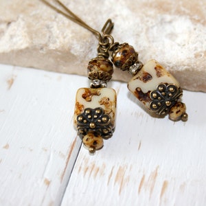 Brown and Beige glass earrings, Boho Earrings, Square Earrings, Table cut Czech glass