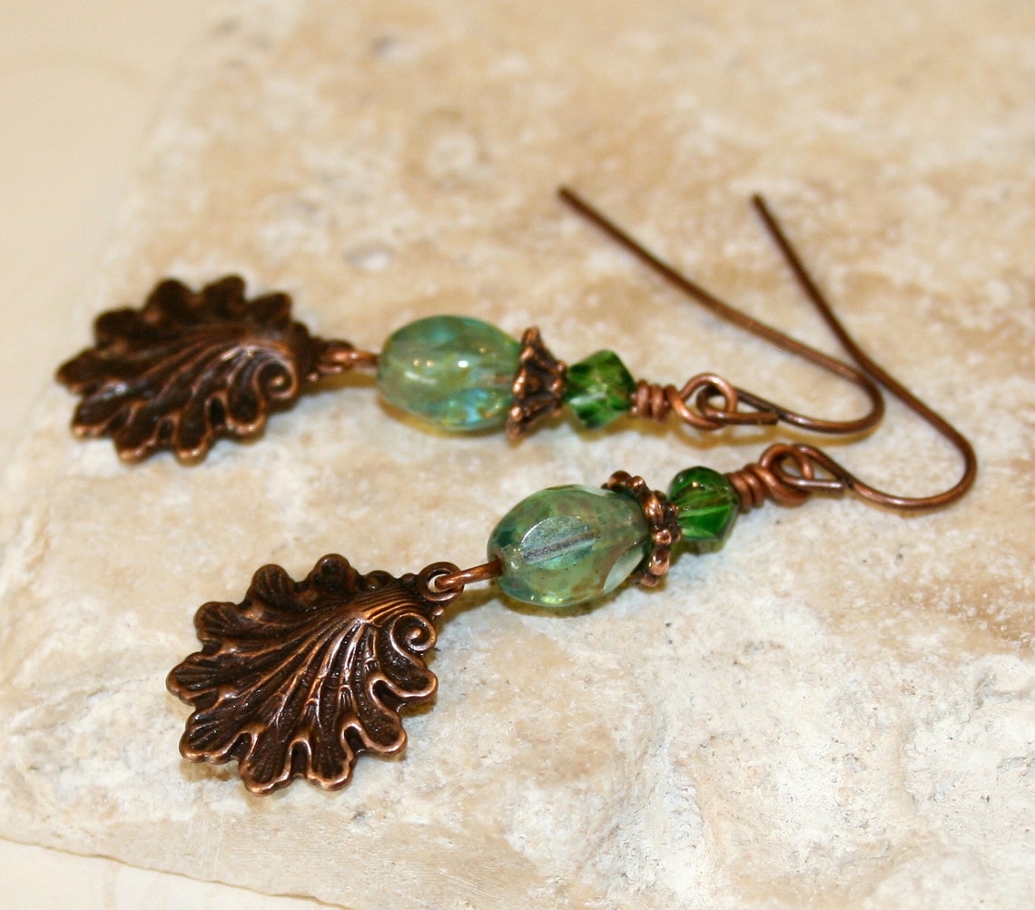 Blue Green Earrings Sea Shell Earrings Cottage Chic Copper - Etsy