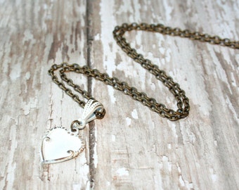 White heart necklace, White patina necklace, Shabby Chic Necklace