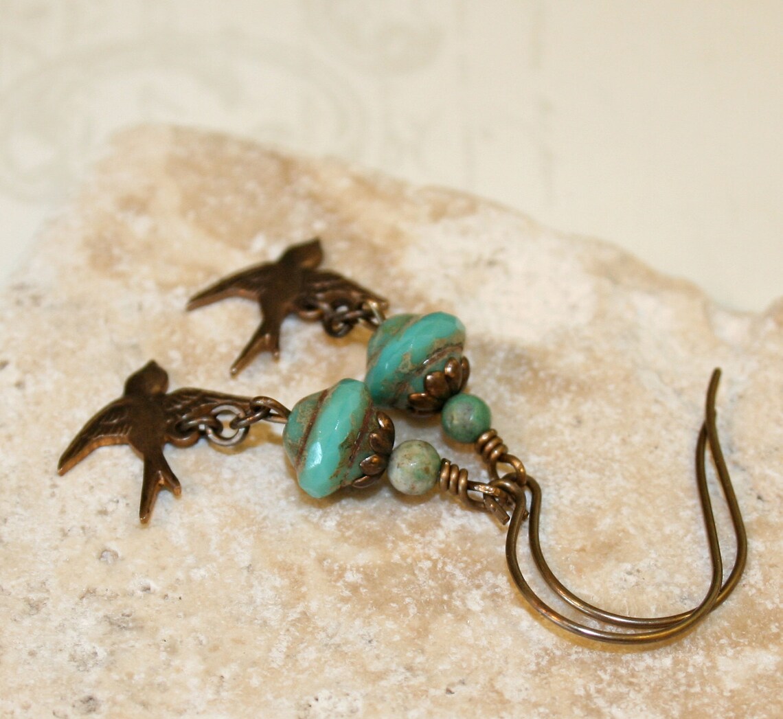 Bird earrings Turquoise earrings Vintaj earrings Rustic Etsy