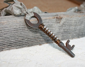 Skeleton Key necklace, Rhinestone wire wrapped Skeleton Key Necklace, Rhinestone key necklace, Antique Key Necklace