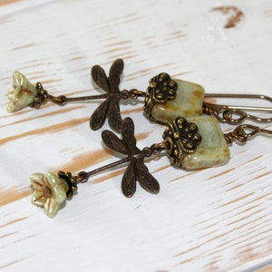 Dragonfly Earrings // Green Earrings // Vintaj brass dragonfly dangle earrings // Woodland Jewelry // Rustic