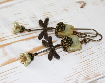 Dragonfly Earrings // Green Earrings // Vintaj brass dragonfly dangle earrings // Woodland Jewelry // Rustic