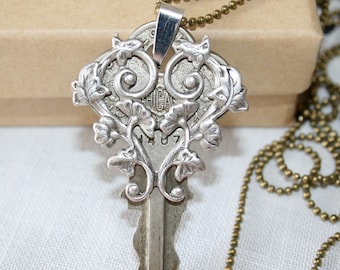 Vintage key necklace, Romantic key necklace, Altered Key necklace, Long Key necklace
