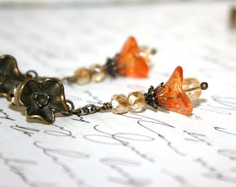 Tangerine orange earrings, Flower dangle earrings, Flower Post earrings