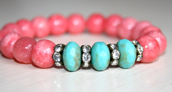 Turquoise and Pink Beaded Bracelet Cerise Pink & Turquoise Beaded Stretch Bracelet main image 3