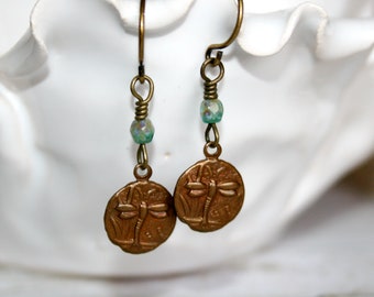 Dragonfly earrings, Teal Seashore czech glass, Vintaj brass jewelry