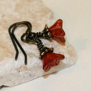Rustic Red Earrings, Red glass flower earrings, Petite flower earrings, Gothic black jewelry