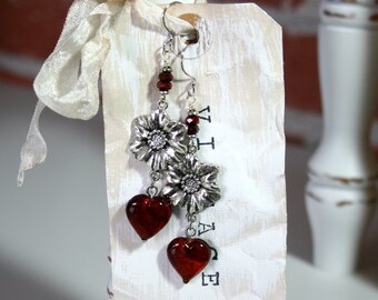 Valentine Gift, Red heart earrings, Heart earrings, Heart and flower earrings