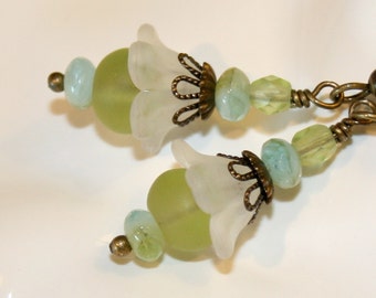 Flower earrings, Green and aqua blue flower earrings, Lucite flower dangle earrings