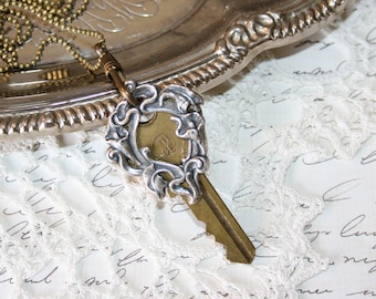 Vintage key necklace, Romantic key necklace, Altered Key necklace, Long Key necklace, Upcycled key