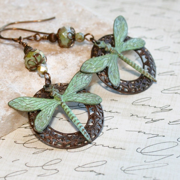 Dragonfly Earrings, Patina jewelry, Green earrings, Verdigris dangle earrings, Vintaj jewelry